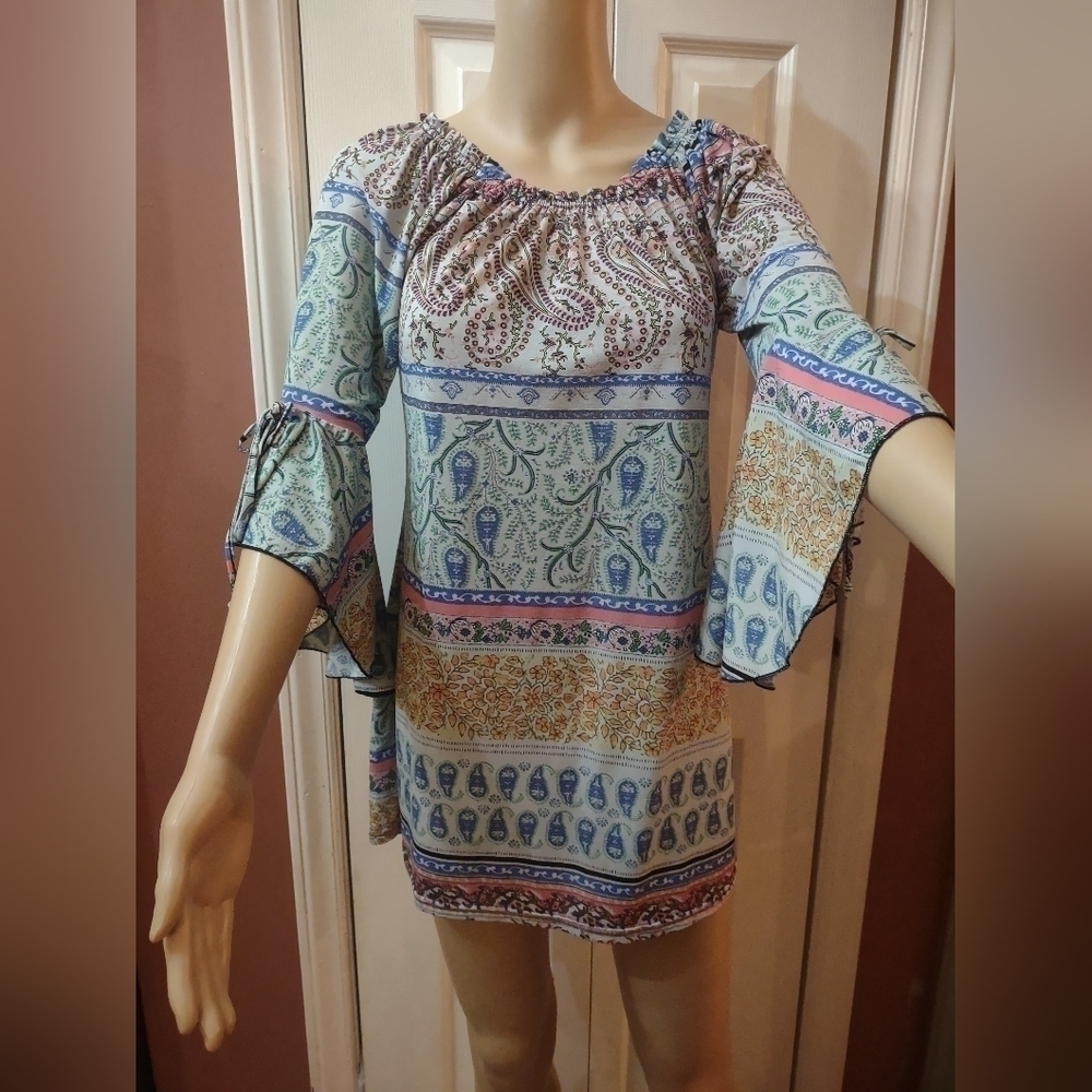 Win win women's size s-m tie sleeve tunic blouse shirt top
